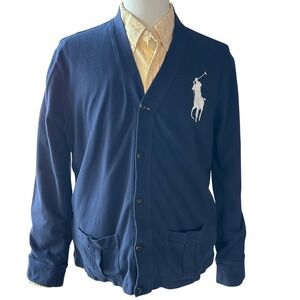 90s Polo Ralph Lauren Mens Large Navy Blue Big Pony Cotton Pique Cardigan Jersey